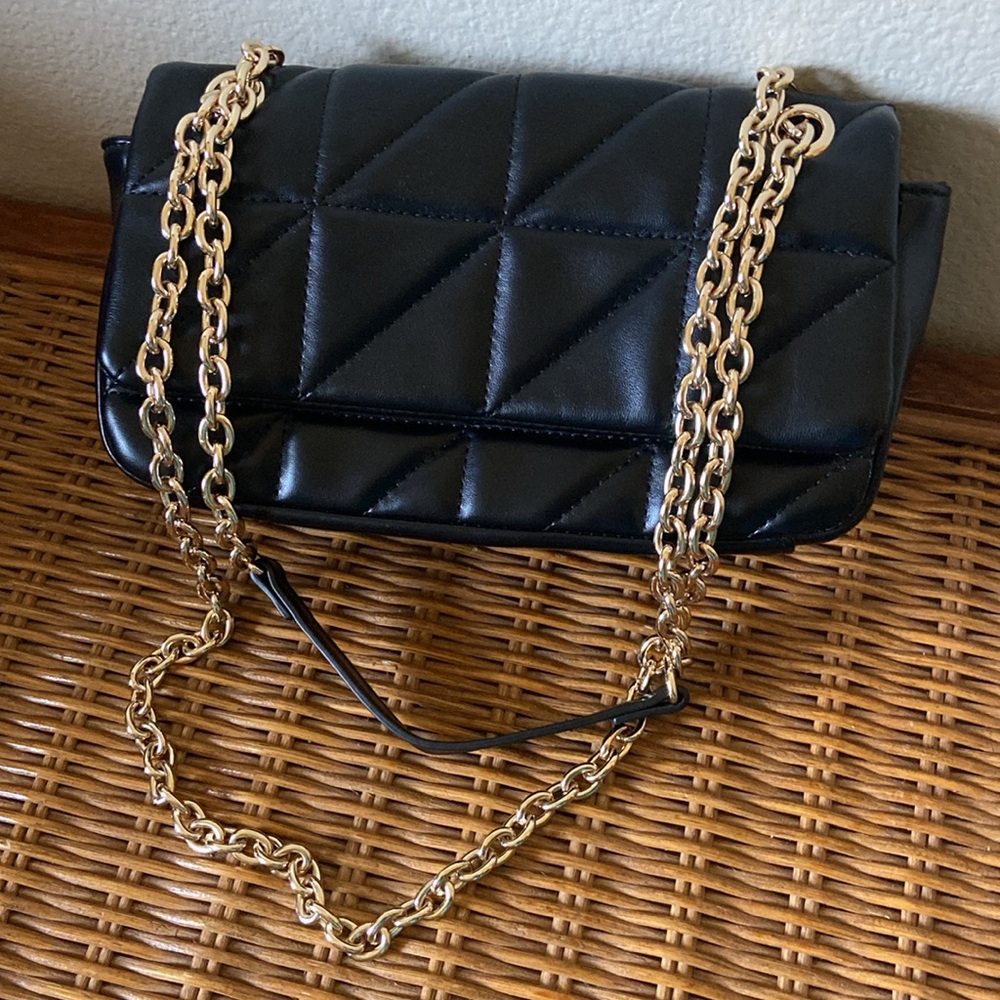 Vegan PU Quilted Crossbody Evening Bag with Gold Tone Metal Strap
